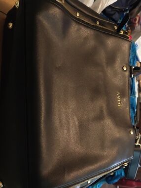 Avon Black Saffiano-Texture Handbag with Gold Accents